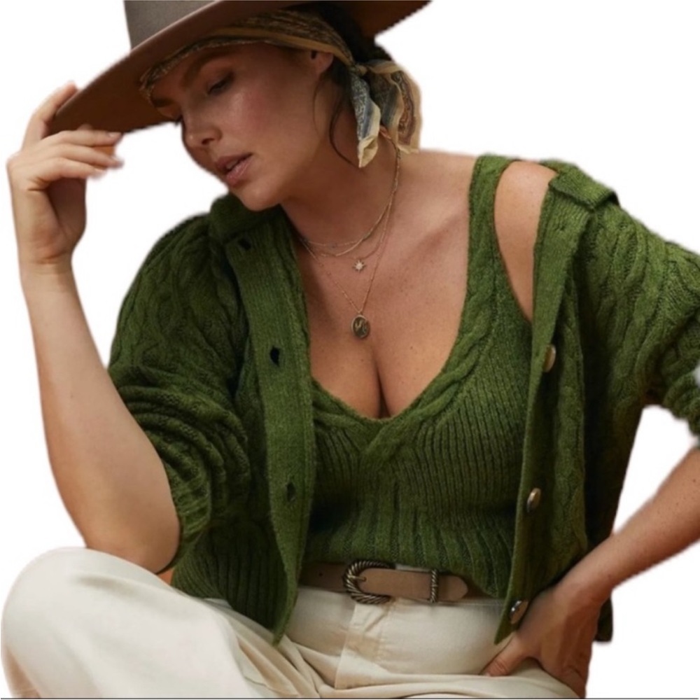 ANTHROPOLOGIE Crop Cable-knit Summer Sweater Tank In Green L